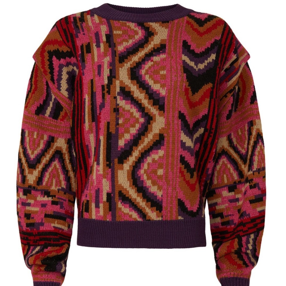 Farm Rio Striped Patchwork Multicolor Zigzag Swea… - image 2